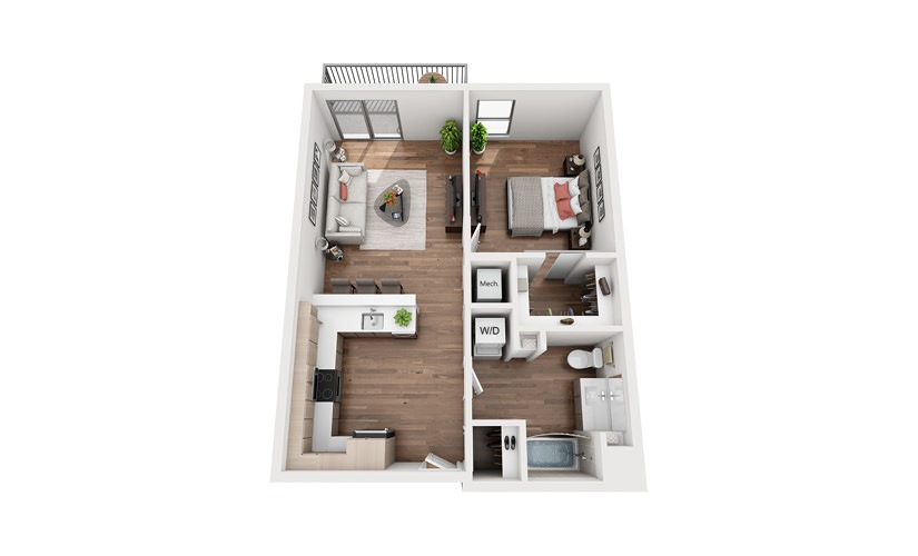 A1A 1 Bedroom 1 Bath Floor Plan