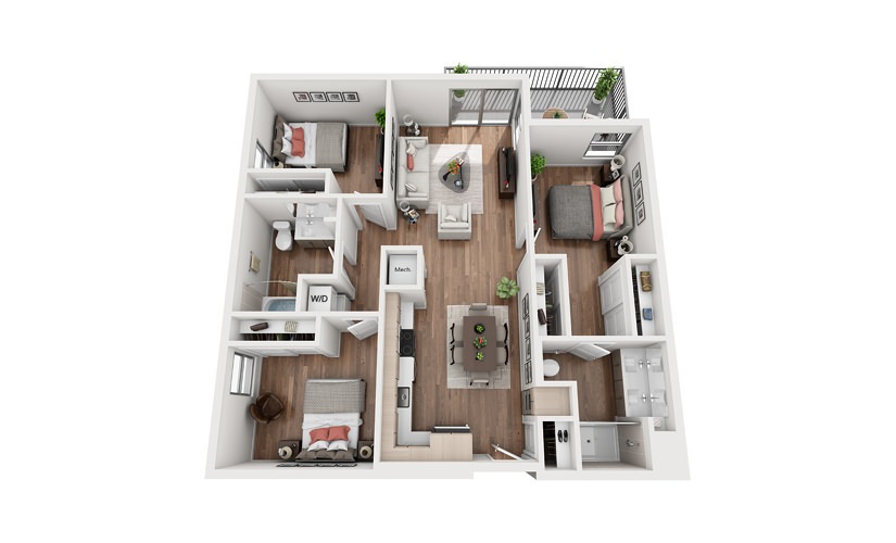 C1 3 Bedroom 2 Bath Floor Plan