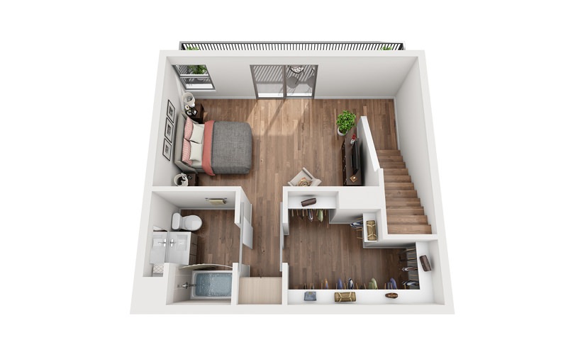 TH1 1 Bedroom 2 Bath Floor Plan